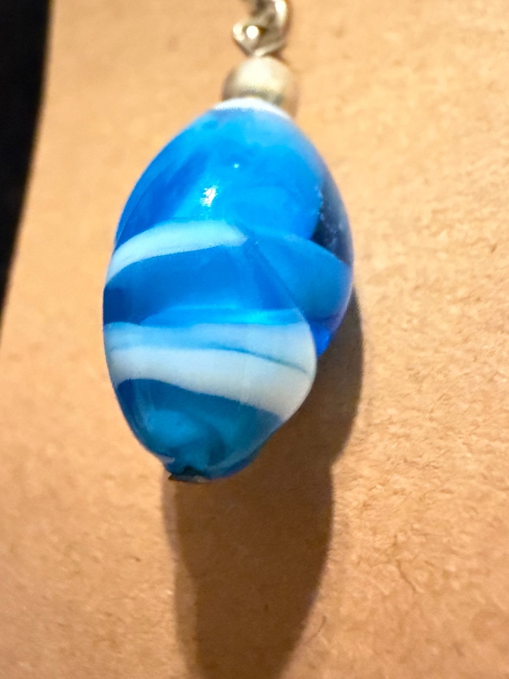 Sterling Silver Ocean Blue and White Waves Swirled Glass Bead Drop Earrings